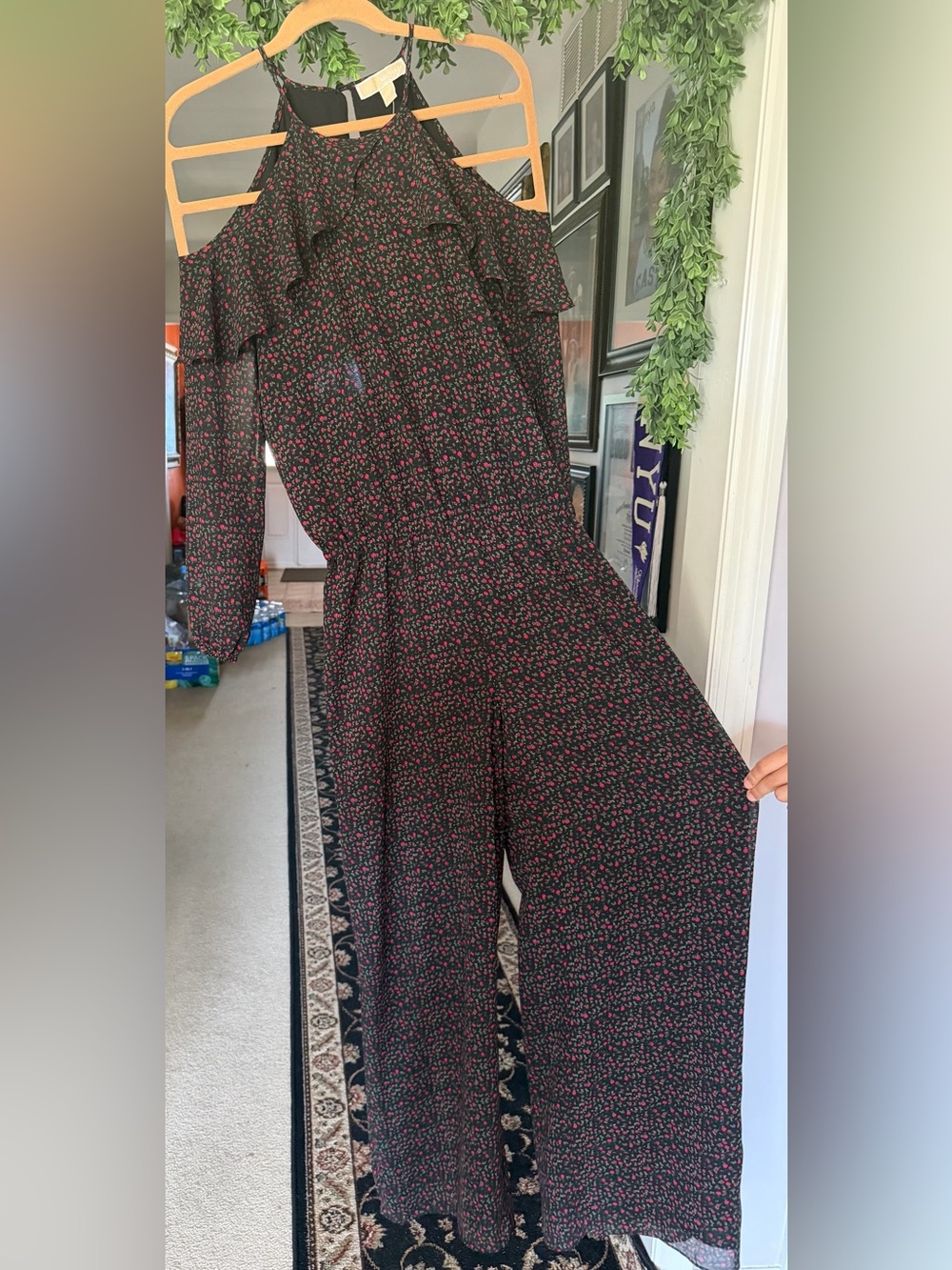 NWT Black Floral Cold-Shoulder Jumpsuit with Red & Green Print